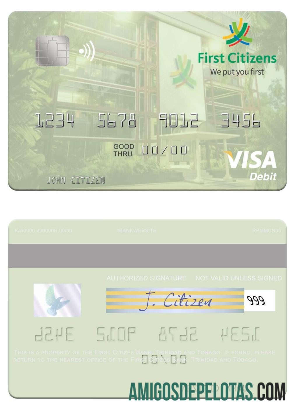 Cartão de débito Visa First Citizens Bank de Trinidad e Tobago exemplo real